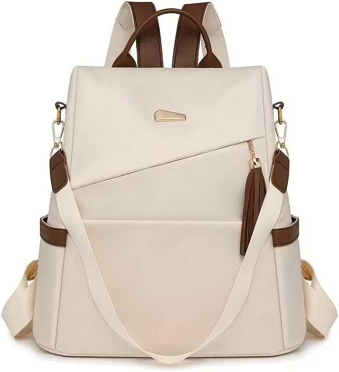 Anti Theft Backpack for Men and Women with Trendy Color Blocking, High End Travel Design, Commuting, Work and Casual Outings, Beige