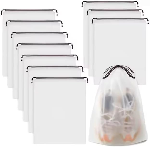 10 Pack Portable Drawstring Shoe Storage Bags, Waterproof Transparent Plastic Travel Organizer Bags for Shoes, Makeup, Clothing and Sundries