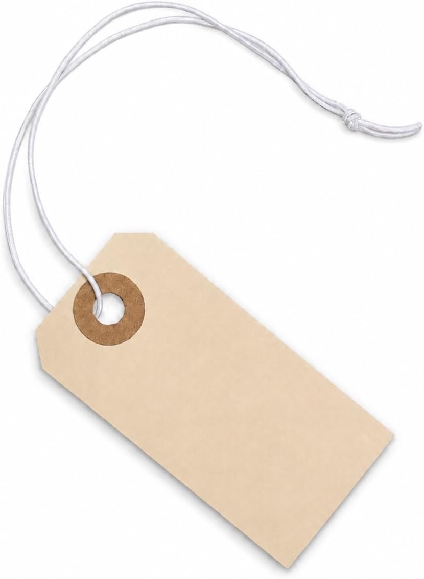Manila Tags With Elastic String – #1, 2 3/4″ x 1 3/8″, Box of 250 Paper Labels With Reinforced Hole and Attached Loop, 250 Count