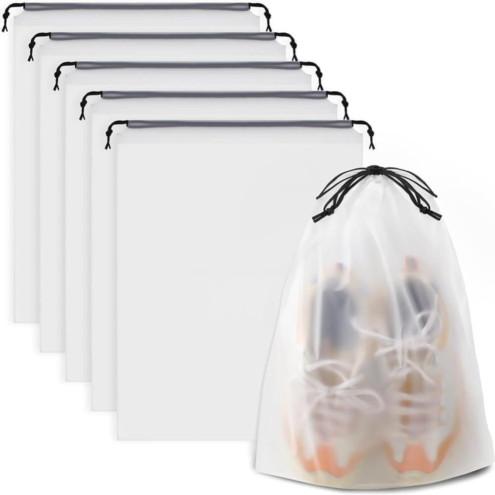 5 Pack Shoe Bags for Travel 15.7′ x 11.8′ Clear Waterproof Travel Shoe Bags for Packing Large Drawstring Storage Essentials Men Women clear pouches (White)
