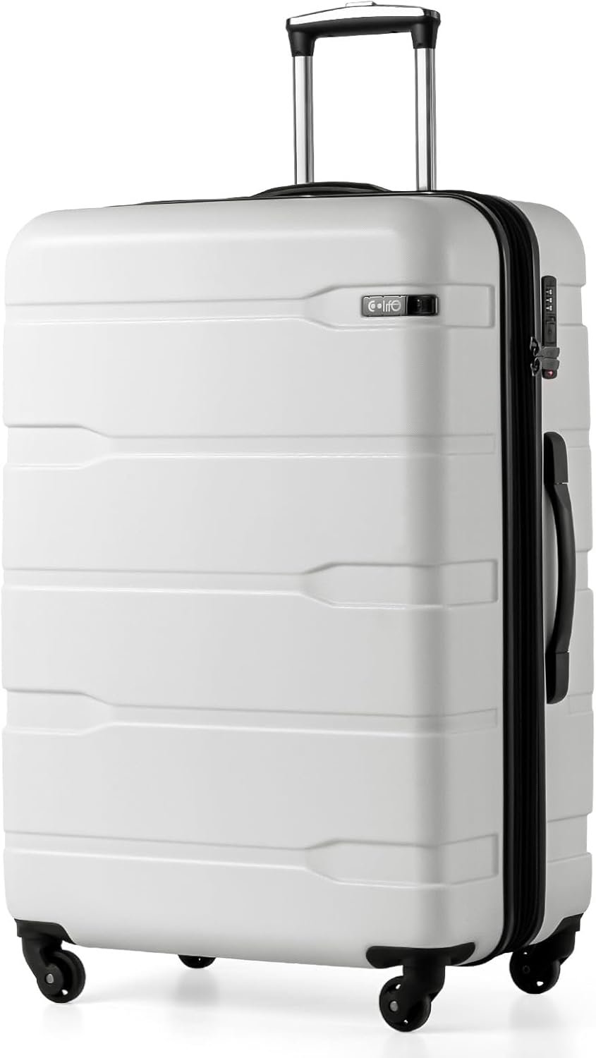 Coolife Expandable Large Checked Luggage Hardside PC+ABS Suitcase with TSA Lock, Lightweight Rolling Carry On with Spinner Wheels(White, 28in)