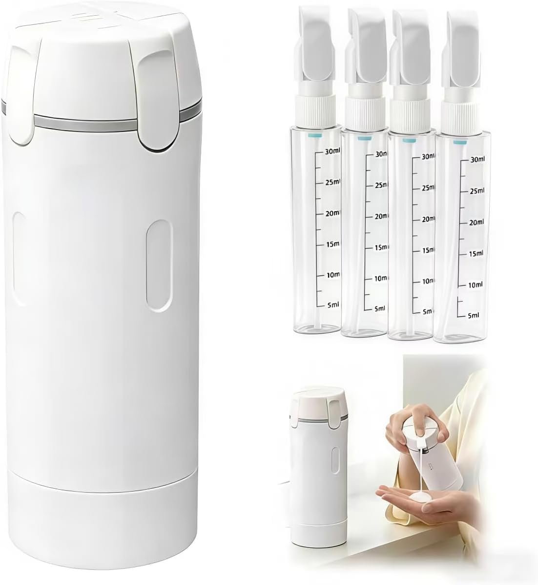 4 in 1 Travel Dispenser Bottle, Leakproof Rotatable Travel Pump Bottles for Toiletries, TSA Approved Hard Shell Liquid Containers (4x30ml/1oz), Essentials for Women & Men (White)