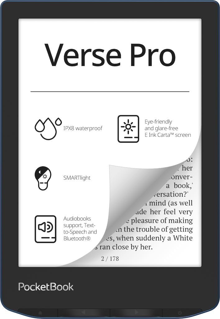 PocketBook Verse Pro E-Reader Waterproof | Eye-Friendly 6” E-Ink Carta™ HD Touchscreen | Audio-Book & E-Book Reader | Text-to-Speech Function | SMARTlight | 16GB | WiFi & Bluetooth | Azure