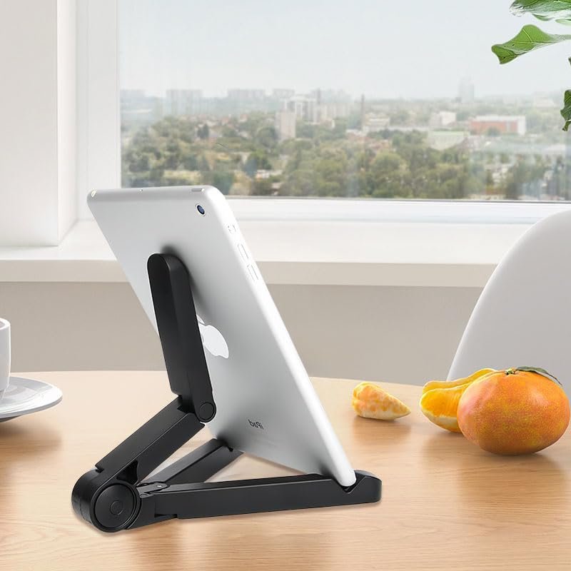 Tablet Stand Holder, Foldable Triangular Stand Holder with Dual Axis 180° Adjustable and Non-Slip Mats, Compact Desktop Holders for Universal Phone Laptop Monitors, up to 10″ Devices, Black