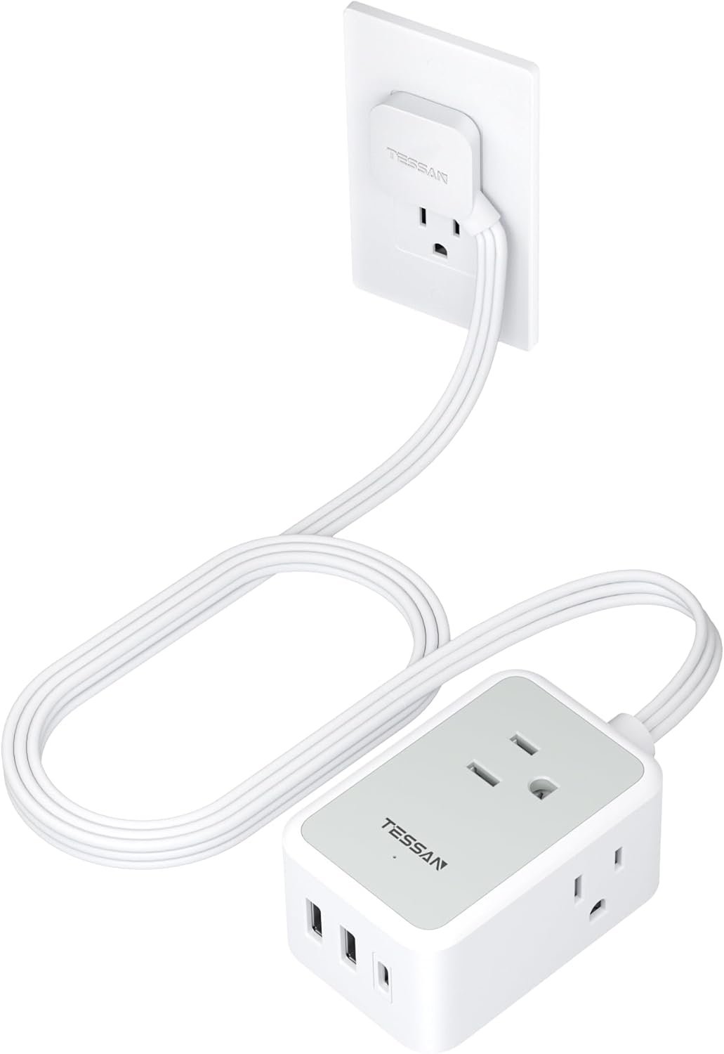 TESSAN Flat Plug Power Strip, Small Extension Cord with Multiple Outlet | Ultra Thin Extension Cord 5 ft, 3 AC Outlet Extender with 3 USB Ports (1 USB C), For Cruise Travel Office School Dorm, Gray