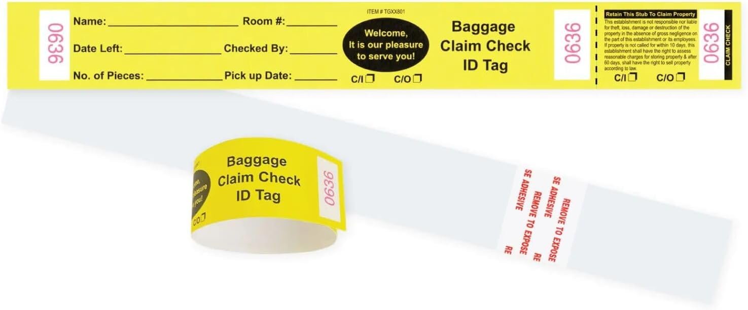 1000 Durable Yellow Hotel Bag Identification Tags with Transfer Tape on Back with Consecutive Red Numbering. Baggage Claim Check Tag Size: 10 1/2″ (H) x 1 1/4″ (W).