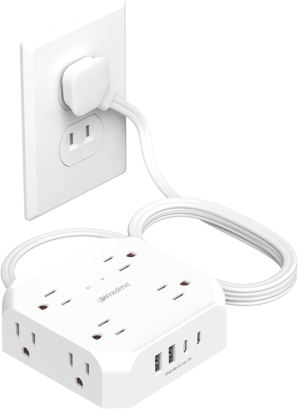 2 Prong Power Strip, WRXDMC 2 Prong to 3 Prong Outlet Adapter,1400J Two Prong Surge Protector, 5ft Extension Cord, 8 AC Outlets with 2 USB C Port and 2 USB A Port, Wall Mountable, Ideal for Old House
