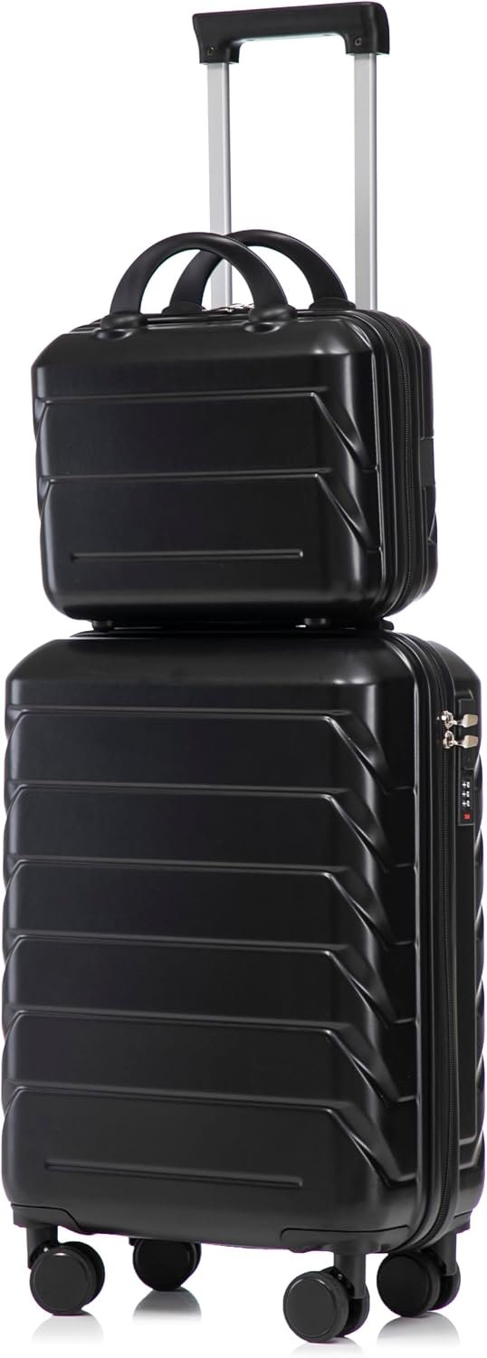 2 Piece Hard Shell Luggage Sets for Women Men Waterproof Suitcases with Combination Lock 360°Swivel Spinner Wheels, 20″ Carry On Suitcase with 14″ Cosmetic Case, Black