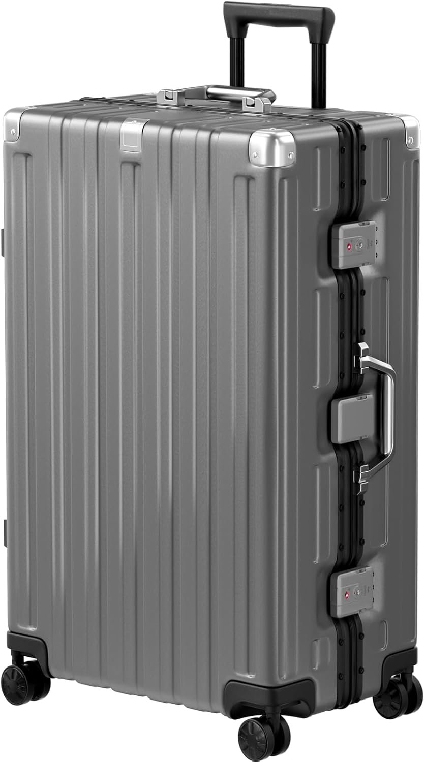 Krute Aluminum Frame Luggage 28 Inch Checked Suitcase with Spinner Wheels TSA Approved No Zipper Hard Shell Luggage PC+ABS Travel Suitcase Gray