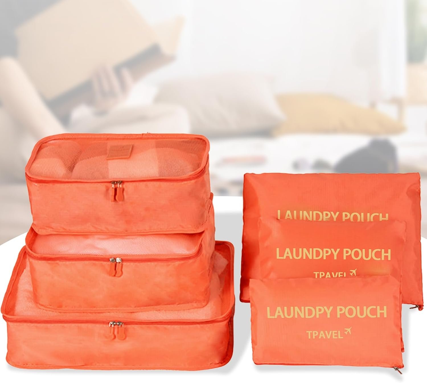 6 Set Packing Cubes Travel Compression Luggage Organizers Bag Lightweight Nylon Storage Bags for Suitcases Space-Saving Travel Accessories (Orange)