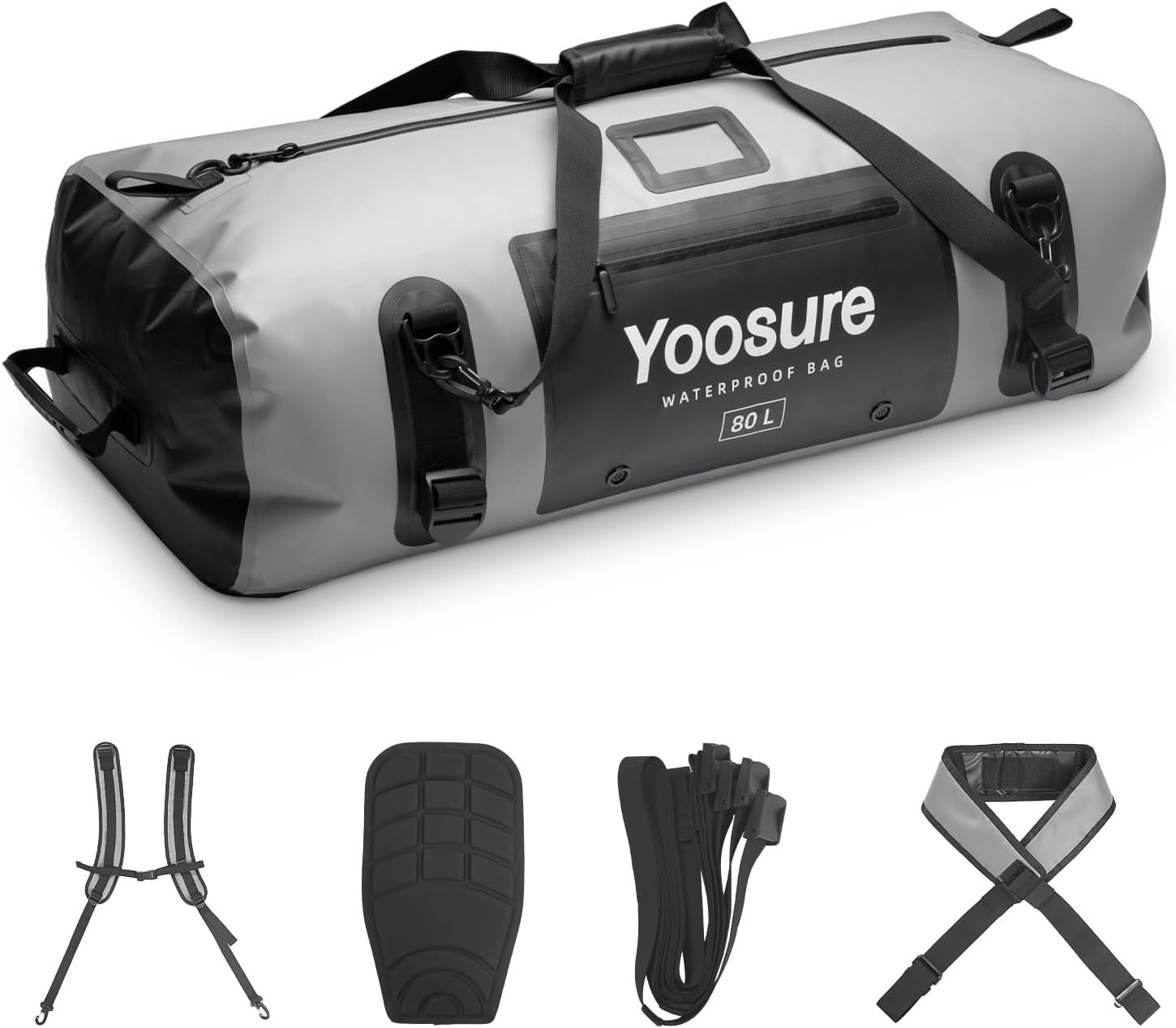 80L Waterproof Duffel Bag Motorcycle Dry Bag Backpack, Waterproof Zippered Bags with Backpack Spacer Pad for Kayaking Rafting Boating Canoeing Camping Paddle Beach (Grey)