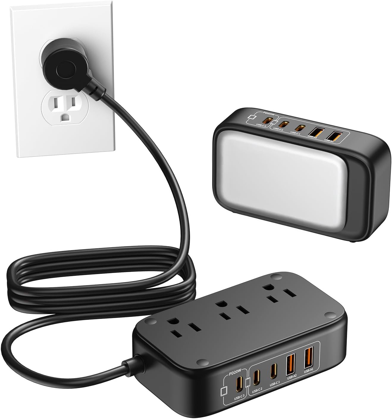 Portable Travel Power Strip 8-in-1 with PD20W Fast Charging 5 USB Ports 2500W AC Outlets 5FT Flat Plug Extension Cord for Home Office Travel