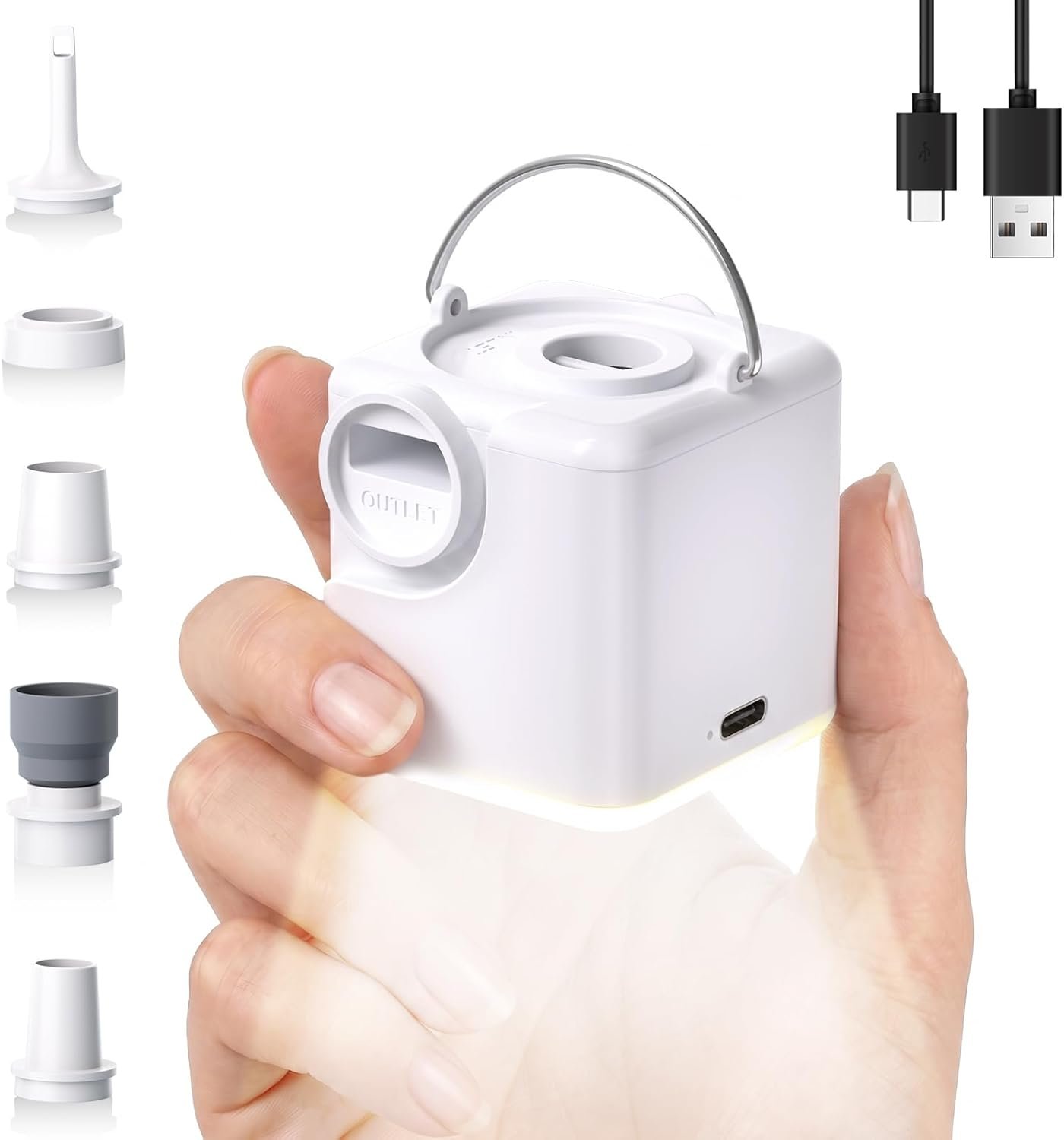 Portable Mini Air Pump for Inflatables, 4.5 kPa 2400mAh Air Mattress Pump Electric with Camping Light and 5 Nozzles, USB Rechargeable Quick Inflate Deflate for Pool Floats Camping Beach Travel