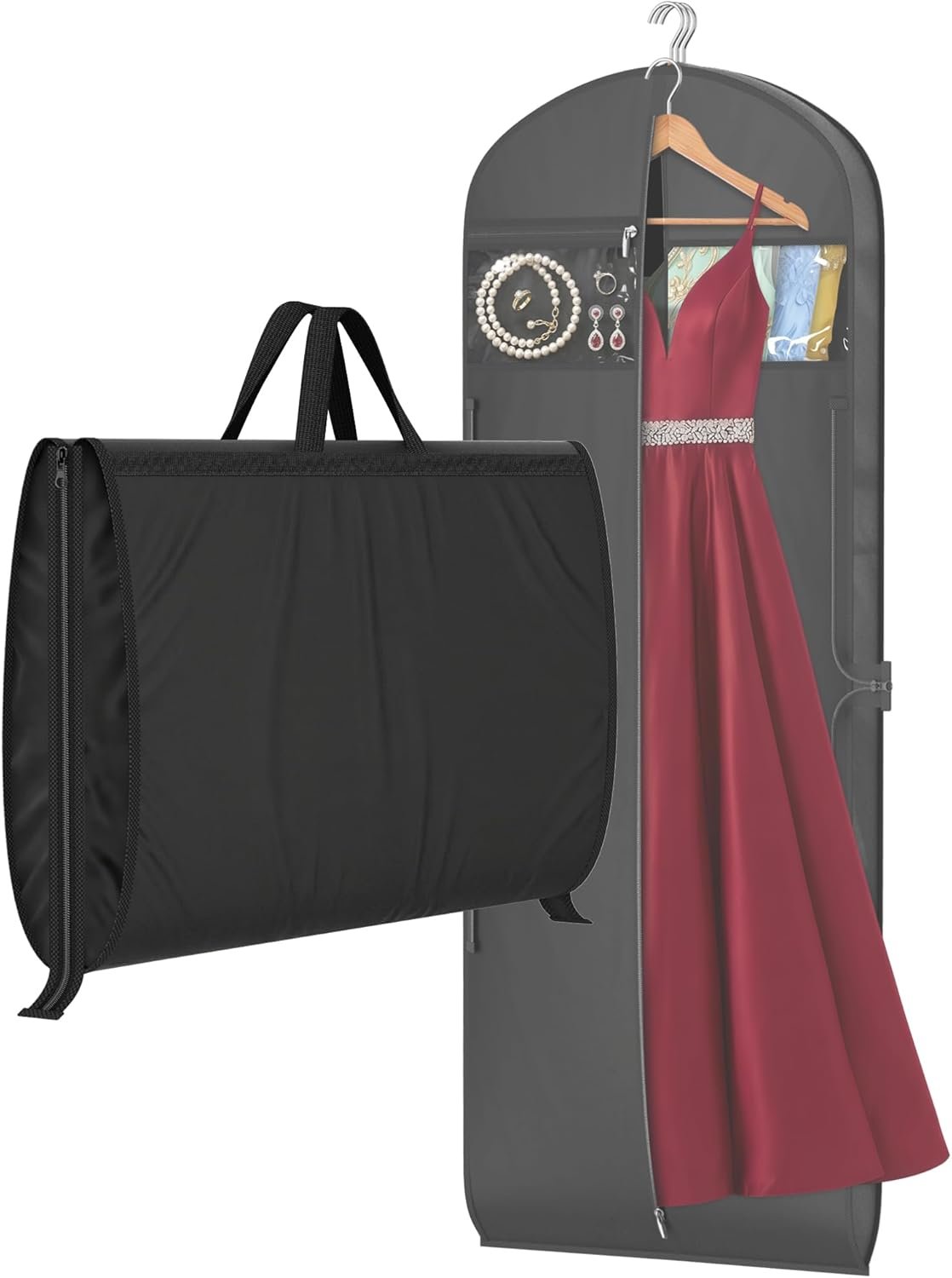 MISSLO 65″ Garment Bags for Travel for Women with Loackabe-Self Zipper Waterproof Dress Bags for Gowns Long with Accessories Pockets Wedding Dress Bag Garment Covers for Hanging Clothes, Black