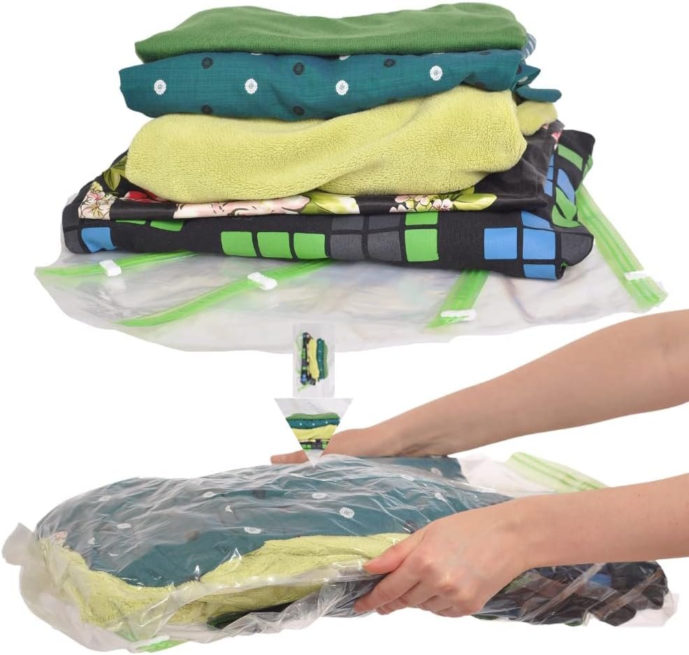 The Chestnut 8 Travel Space Saver Bags – No Vacuum or Pump – for Clothes – Reusable – Luggage Compression – Set of 4 L and 4 M Sacks – Transparent