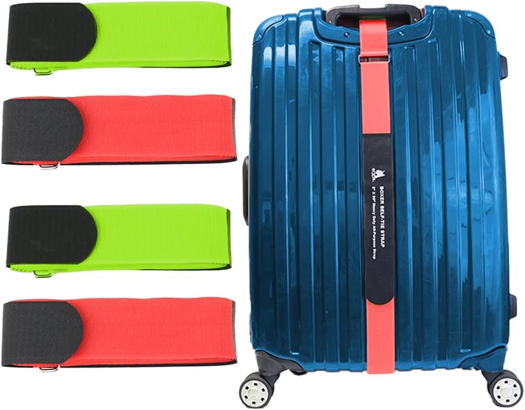 Boxer 4 Pack Luggage Straps for Travel, Heavy Duty Cinch Strap, Easy to Use and Adjust – TSA Approved (Red – Neon Gren)