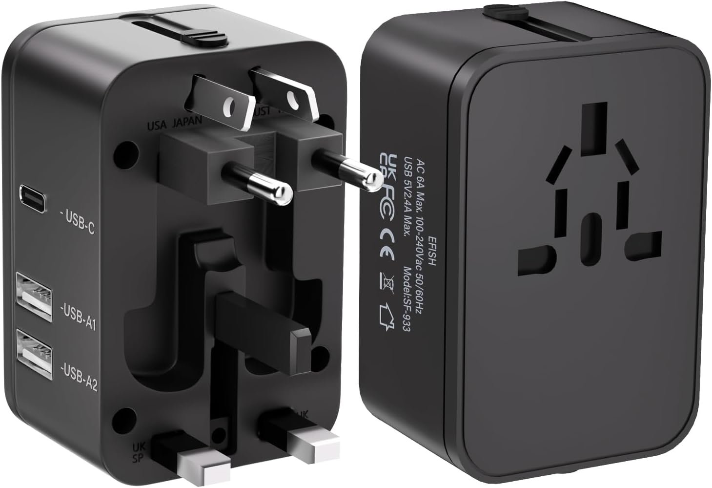 Travel Plug Adapter with 2 USB A+1 USB C,Universal All in One Worldwide Travel Adapter,Power Converters Wall Charger,AC Power Plug Adapter,International Power Adapter for USA EU UK AUS Black