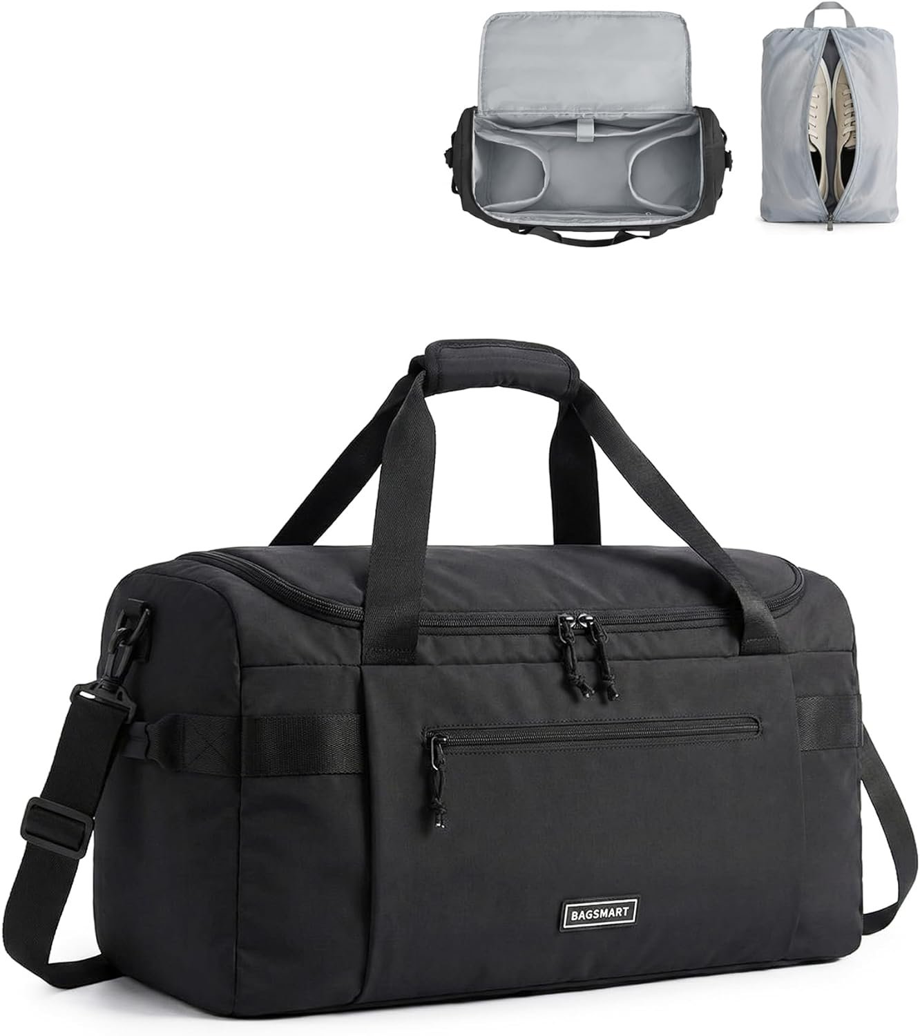 BAGSMART Travel Duffel Bags with Dividers, 32L Gym Duffle Bag with Laptop Compartment, Carry On Weekender Overnight Bag, Shoe Bag, PVC Wet Pocket, Black