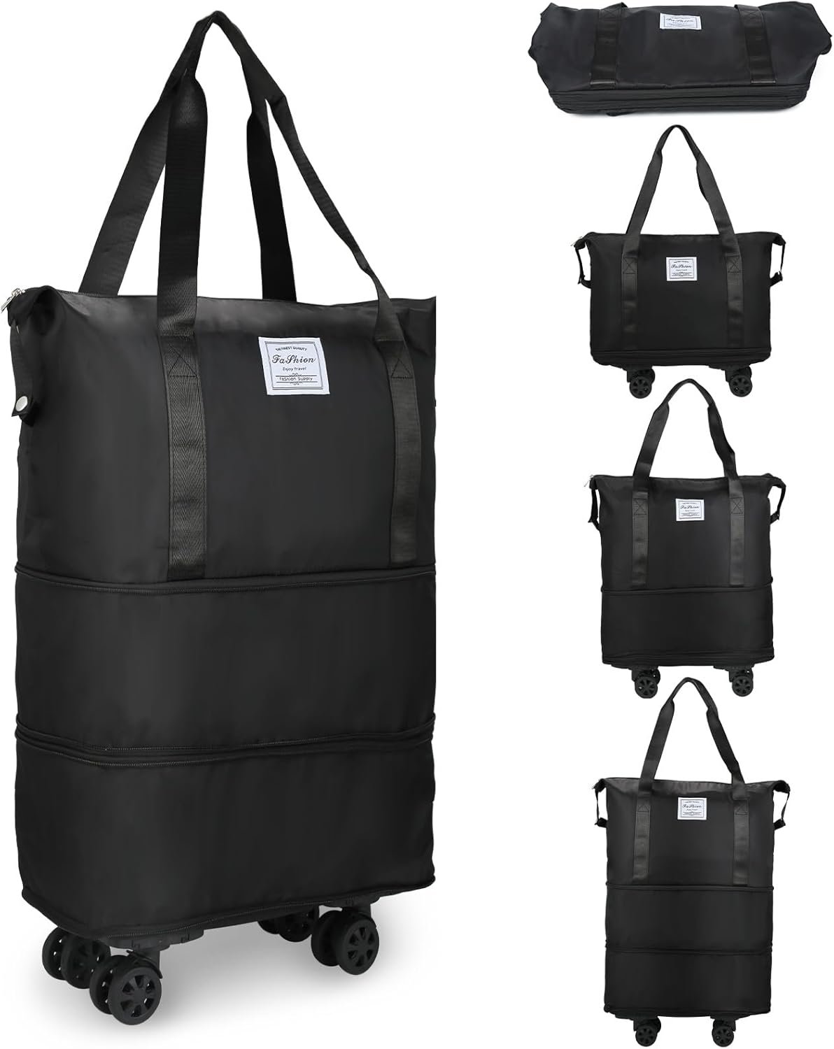 VOOWO Rolling Duffle Bag with Wheels, Expandable Foldable Duffle Bag for Travel, Rolling Under Seat Luggage Carry on Duffel Bags, Wheeled Travel Duffel Weekend Bags, Capacity 18L to 30L (Black)