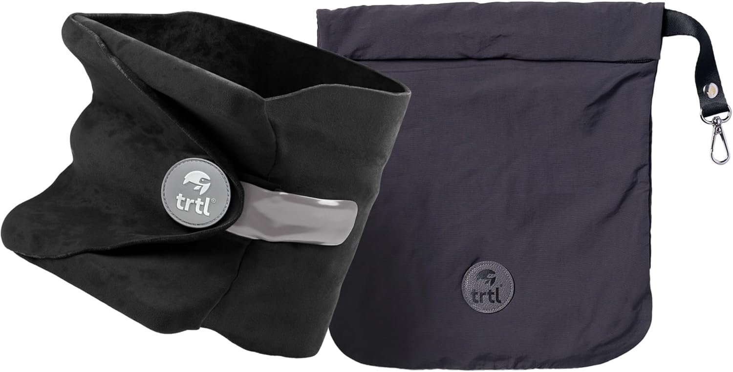 Trtl Pillow – Scientifically Proven, Super Soft Neck Support Travel Pillow for Airplanes – Lightweight and Machine Washable – Ergonomic Design for Traveling on Flights, Cars, and Trains – Black