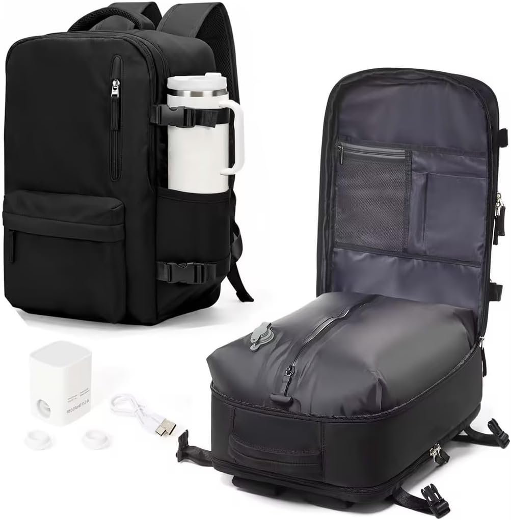 WONHOX Vacuum Seal Backpack for Travel with Air Pump Compression Vacpack Carry on Flight Approved Daypack Laptop Space Saver Bags Storage with Vacuum System 18x14x8 inches Travel Bag Women Men Black