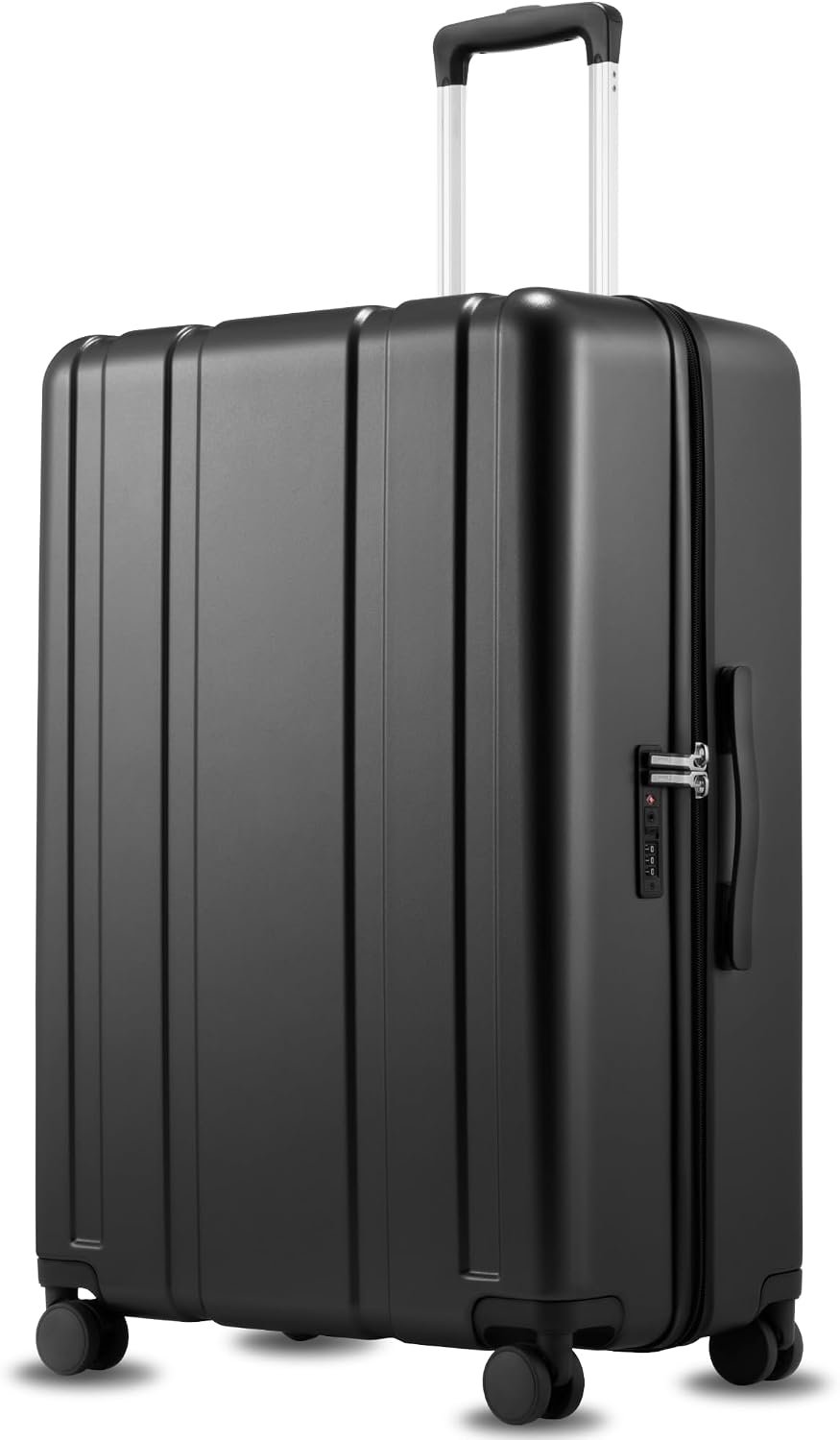 LUGGEX 28 Inch Large Checked Suitcase, L2 105L Capacity PC Hard Shell Luggage with 360° Spinner Wheels & TSA Lock, Durable Travel Bag for Extended Trips (Black, 28 Inch)