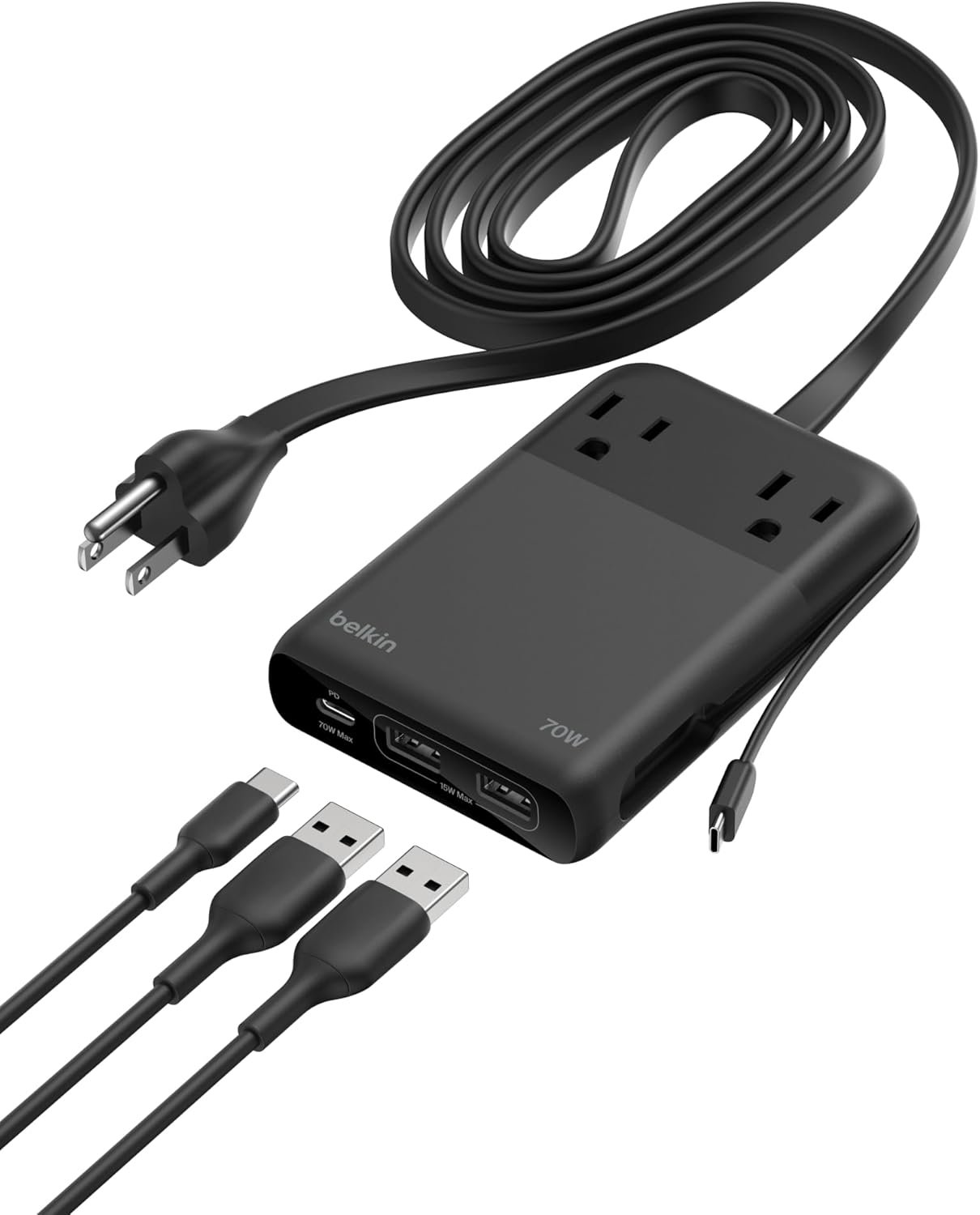 Belkin Travel Power Strip 70W, 6-in-1 GaN Charging Station USB C Charger w/ 2 AC Outlets, 2 USB A Ports, Integrated USB C Cable – Power Strip for iPhone, Apple Watch, iPad, MacBook, Chromebook, Laptop