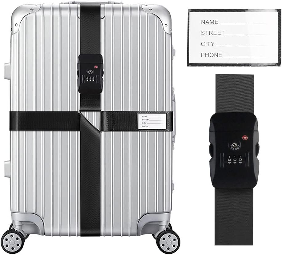 Veki Cross Luggage Straps Set TSA Approved with Lock Adjustable Travel Suitcase Belts Suitcase Tags with Name ID Card Packing Straps for Suitcases Strap Travel Accessories (Black, 1pcs)