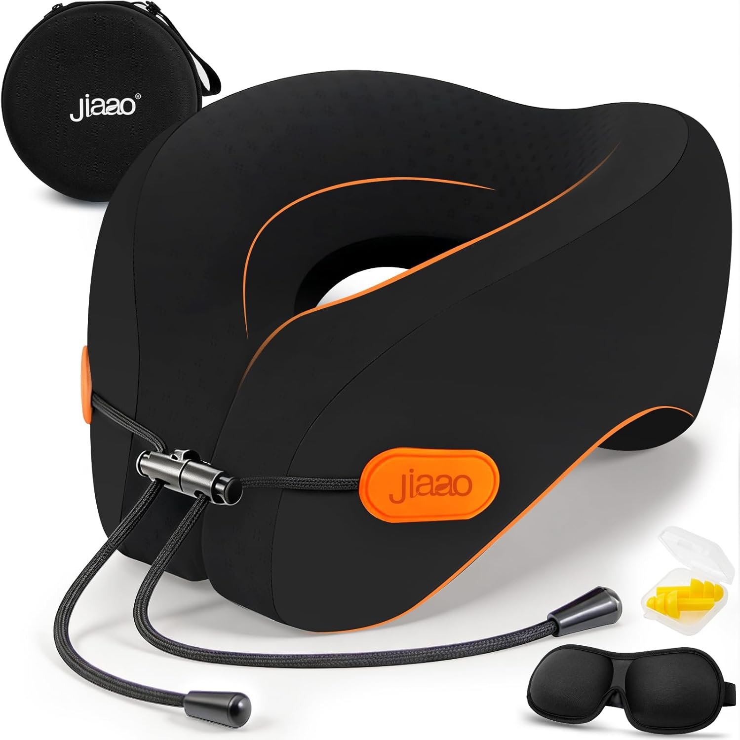 jiaao Travel Pillow Memory Foam Neck Pillow for Airplanes with Adjustable Neck Support, Includes Eye Mask, Earplugs & Storage Bag – Perfect for Flights, Road Trips, and Trains