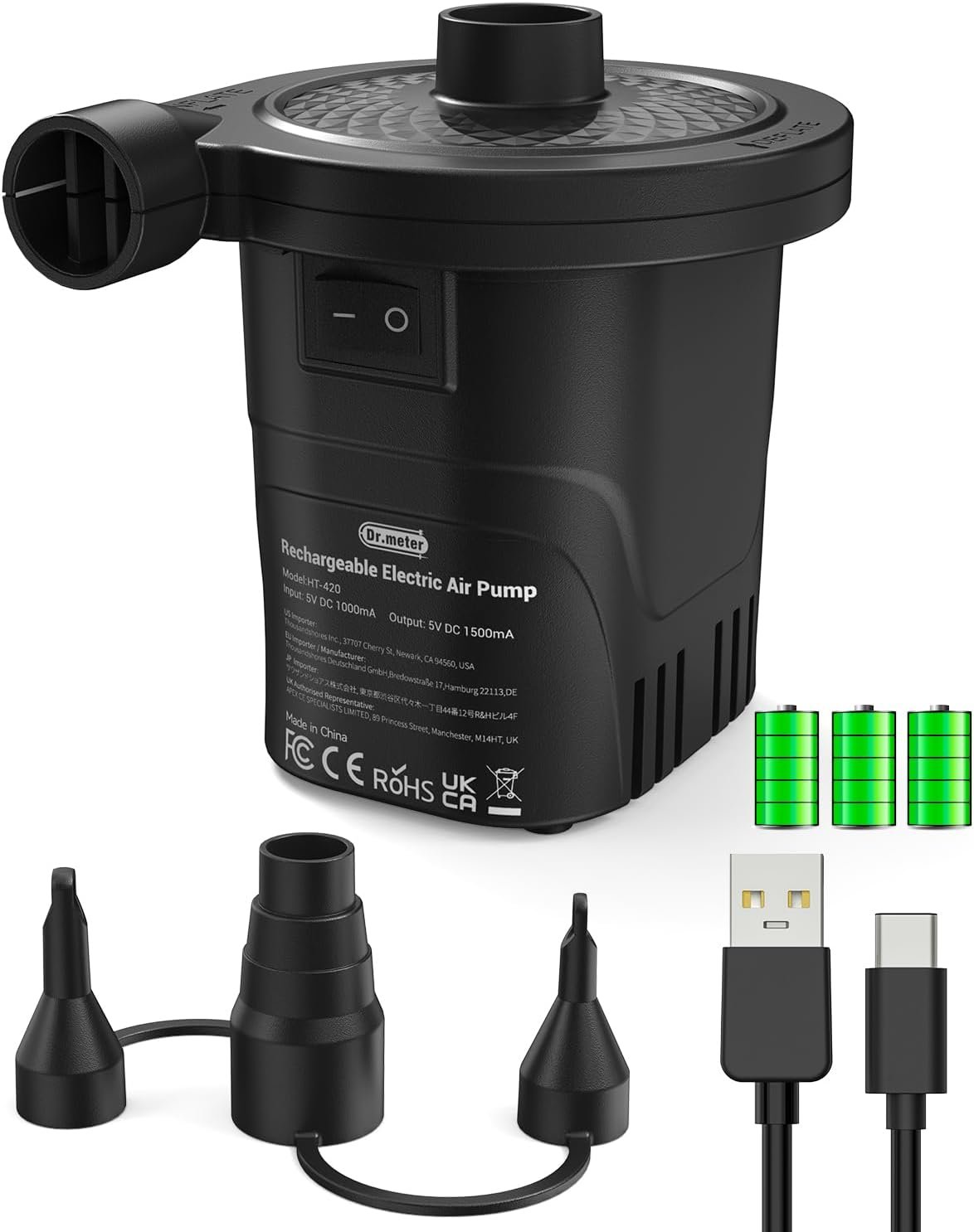 Dr.meter Air Pump for Inflatables, Rechargeable 4000mAh Battery Air Mattress Pump – Portable Quick-Fill Inflator Deflator for Outdoor Camping Inflatable Pool Float Boat Raft Yoga Ball Swim Ring Airbed