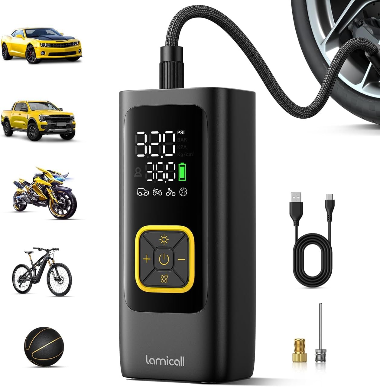Car Tire Inflator Portable Air Compressor – Lamicall [4X Faster][150 PSI] Bike Air Pump, Rechargeable Battery, Pressure Gauge Display, LED Light, Automatic Car Cordless Pump for Motorcycle, Bike, Ball