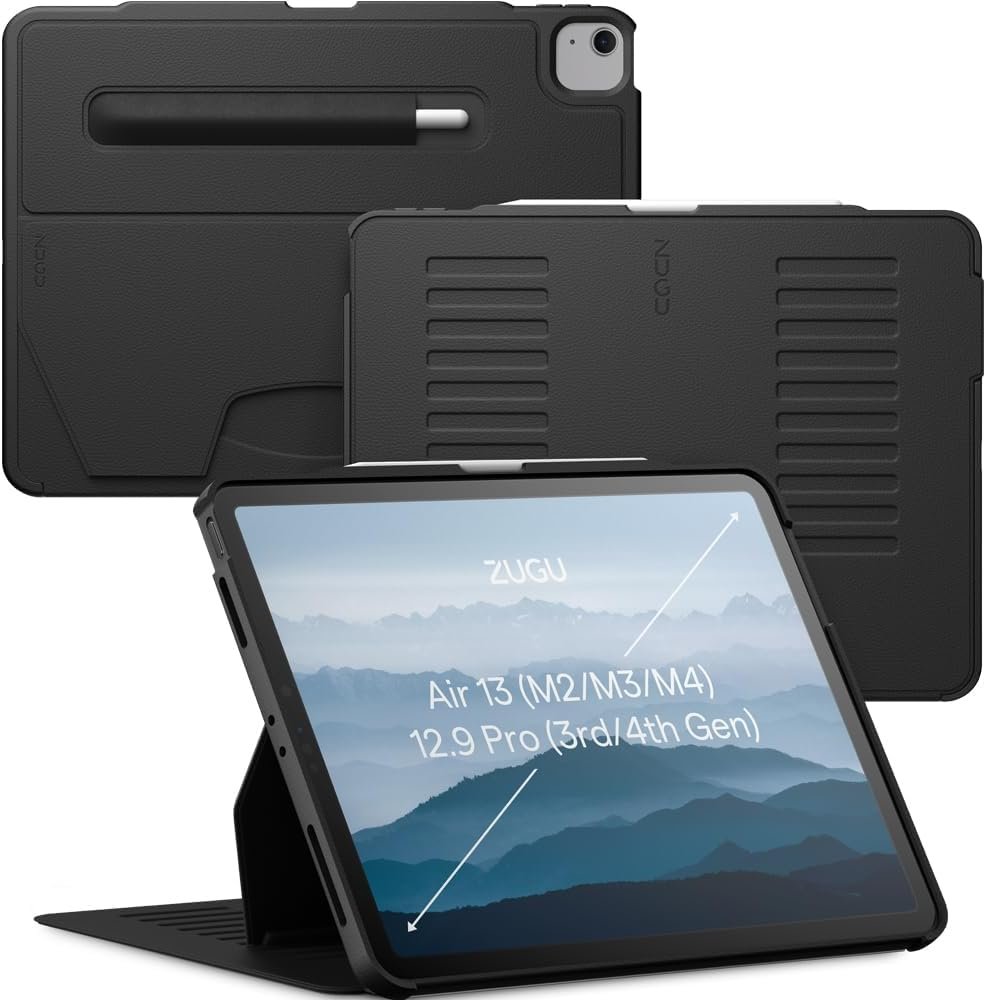 Zugu Case for iPad Air 13 Inch M4 2026, M3 2025 & M2 &/12.9 inch (3rd/4th Gen), Slim Protective Cover with Apple Pencil Charging & Storage, Auto Wake/Sleep, Multiple Viewing Angles (Black)