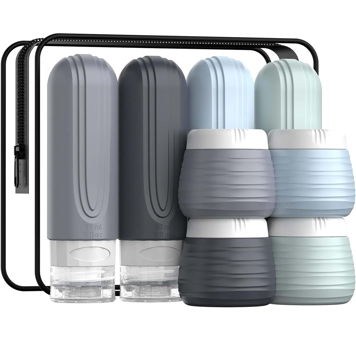 Travel Bottles for Toiletries 8 Pack, TSA Approved Travel Size Toiletries Containers Set, 4 Silicone Leak Proof Refillable Bottles and 4 Creams Jars Accessories Kit W/Clear Bag (GRAY)