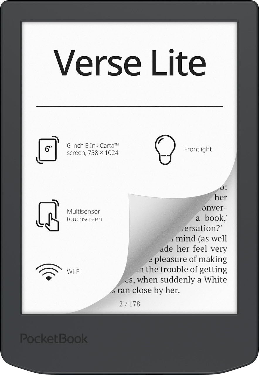 PocketBook Verse Lite – 6″ E-Ink Carta Touchscreen eReader with Frontlight | Eye-Friendly, Glare-Free Display | Wi-Fi | Supports 25 Formats incl. DRM | Compact & Lightweight