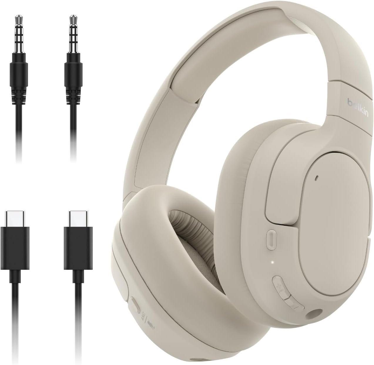 Belkin SoundForm Isolate Bluetooth Over-Ear Headphones – Hybrid Active Noise Cancelling Headphones – Wireless w/ 60H Playtime, Fast Charging & CloudCushion Ear Cups for Travel, Home, or Office – Sand