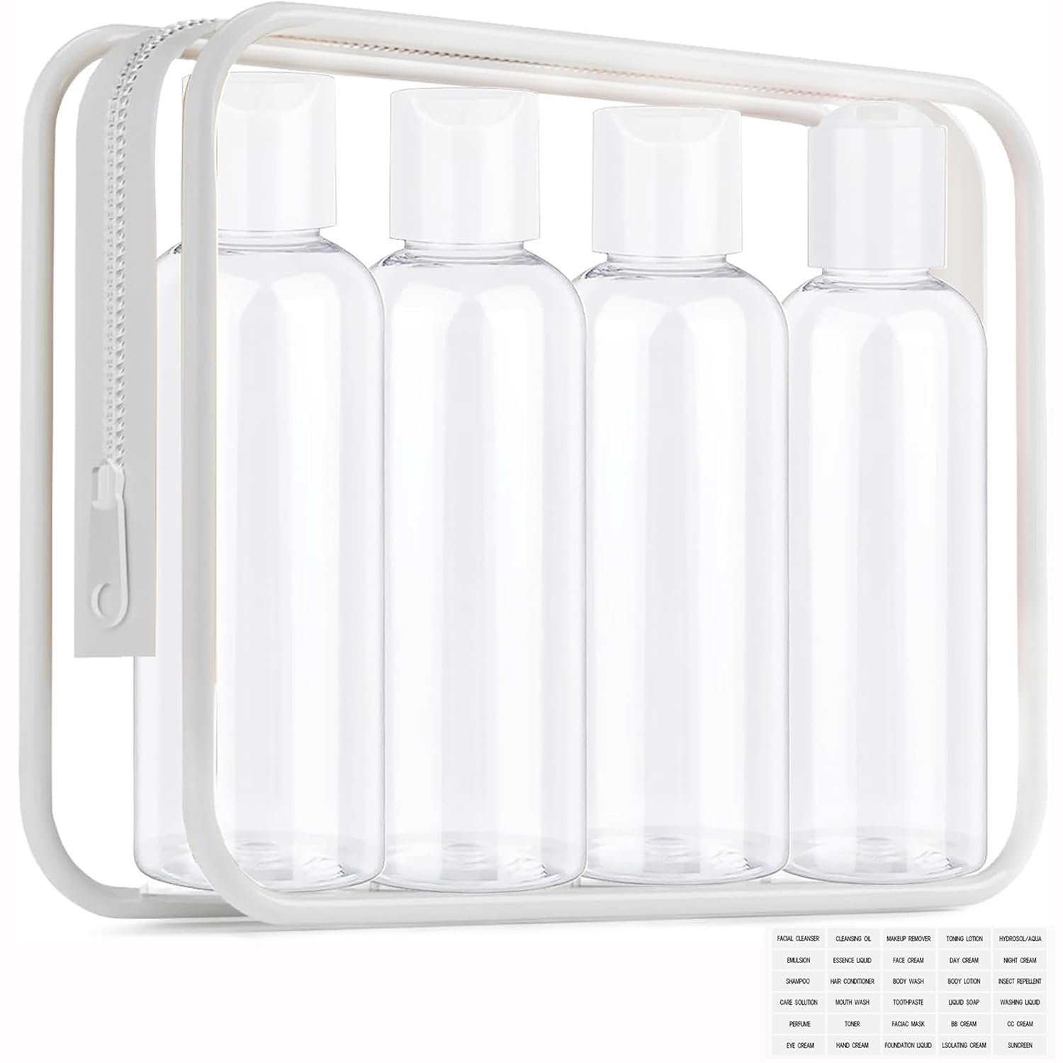 Moonlik Clear Toiletry Travel Bottles, 3.4oz/100ml TSA Approved Empty Containers with Toiletry Bag – Cosmetic Kit with Labels for Shampoo, Conditioner, Lotion, and Airplane Accessories(4Pack, White)