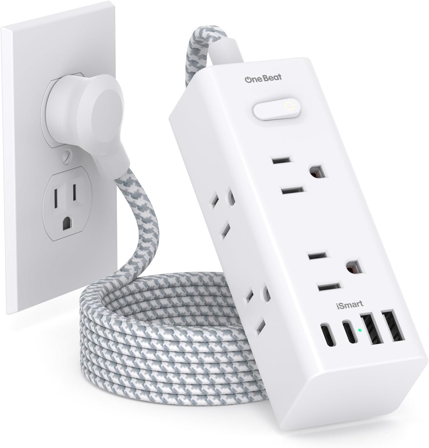 Power Strip Surge Protector – One Beat 6 Widely Outlets with 4 USB Ports (2 USB C), 5 Ft Extension Cord Flat Plug, Wall Mount Outlet Extender Small Power Strip for Travel Home Office College Dorm Room