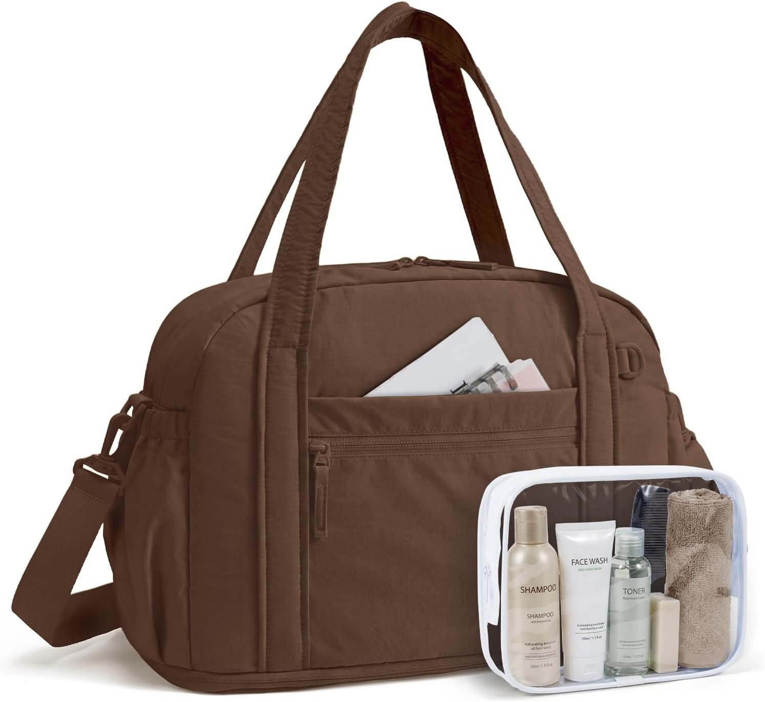 BAGSMART Expandable Personal Item Travel Bag, Lightweight Gym Bag for Women, 24L Weekender Travel Duffle with Toiletry Bag, Carry on Overnight Duffel, Chocolate