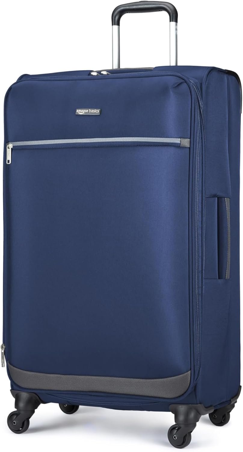 Amazon Basics 28″ Large Checked Softside Expandable Suitcase with 360-Degree Multi-directional Spinner Wheels, Zippered Pockets, Telescoping Handle, Spacious, Navy Blue