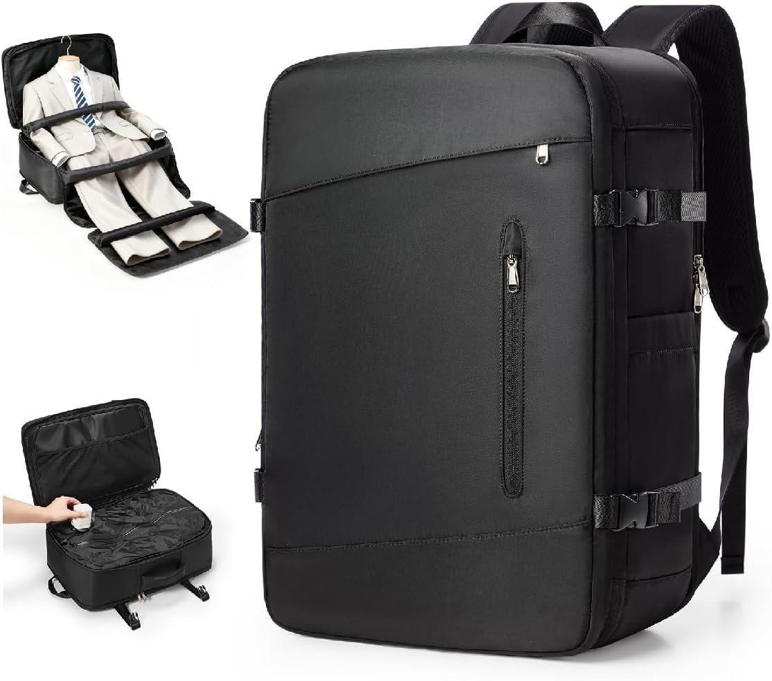 VGCUB Vacuum Backpack Travel with Suit Bag and Air Pump Compression Vacpack Carry on Flight Approved Daypack Laptop Space Saver Garment Bags for Travel Storage with Vacuum System Women Men Black