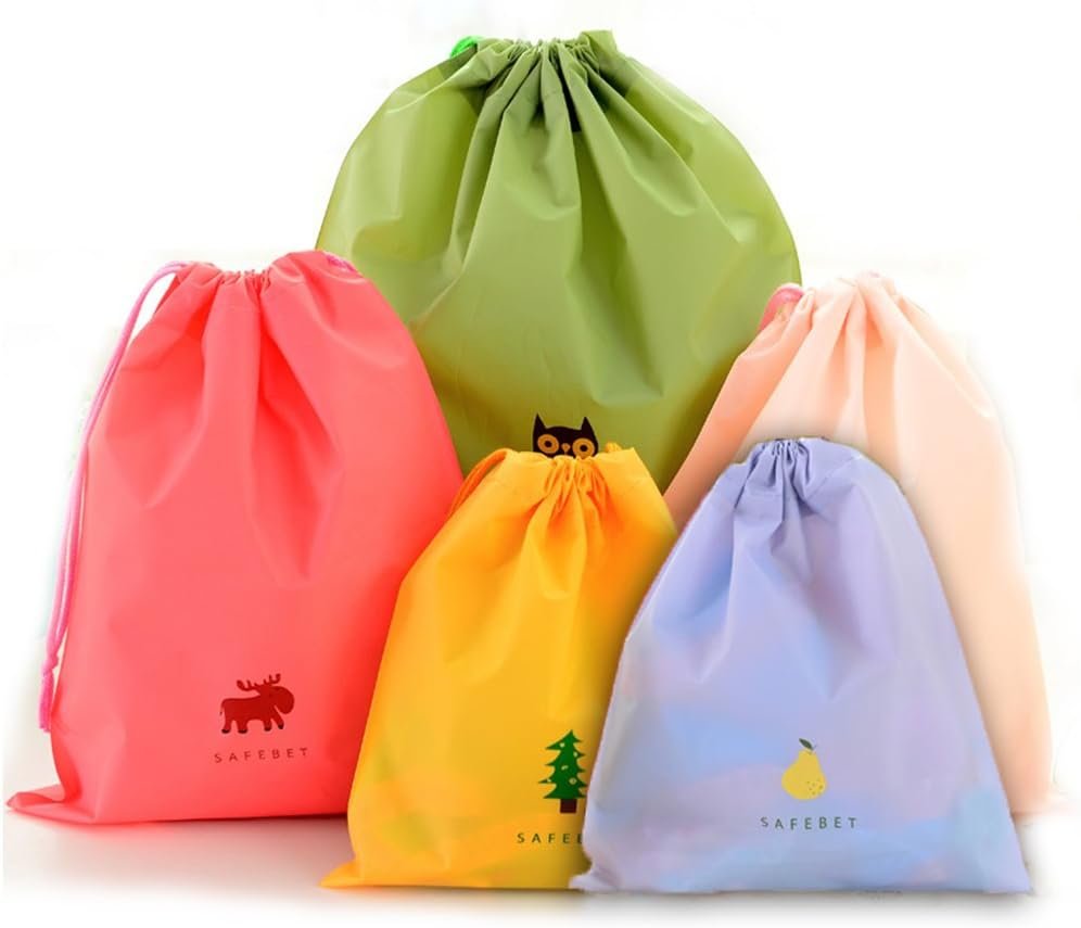 BINGONE Set of 5 Waterproof Drawstring Bag PE Plastic Folding Sport Home Travel Storage Use combine C