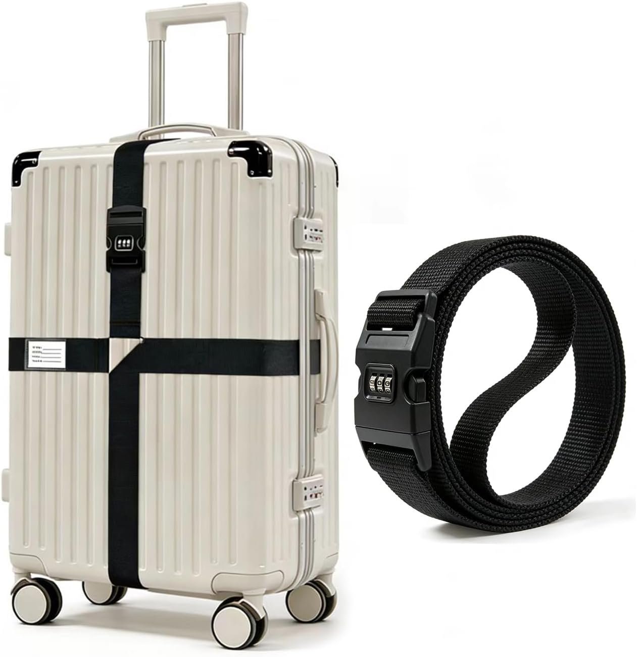 Cross-Strap，Combination Lock Luggage Straps, Adjustable Suitcase Belts, Secure Luggage (Black)