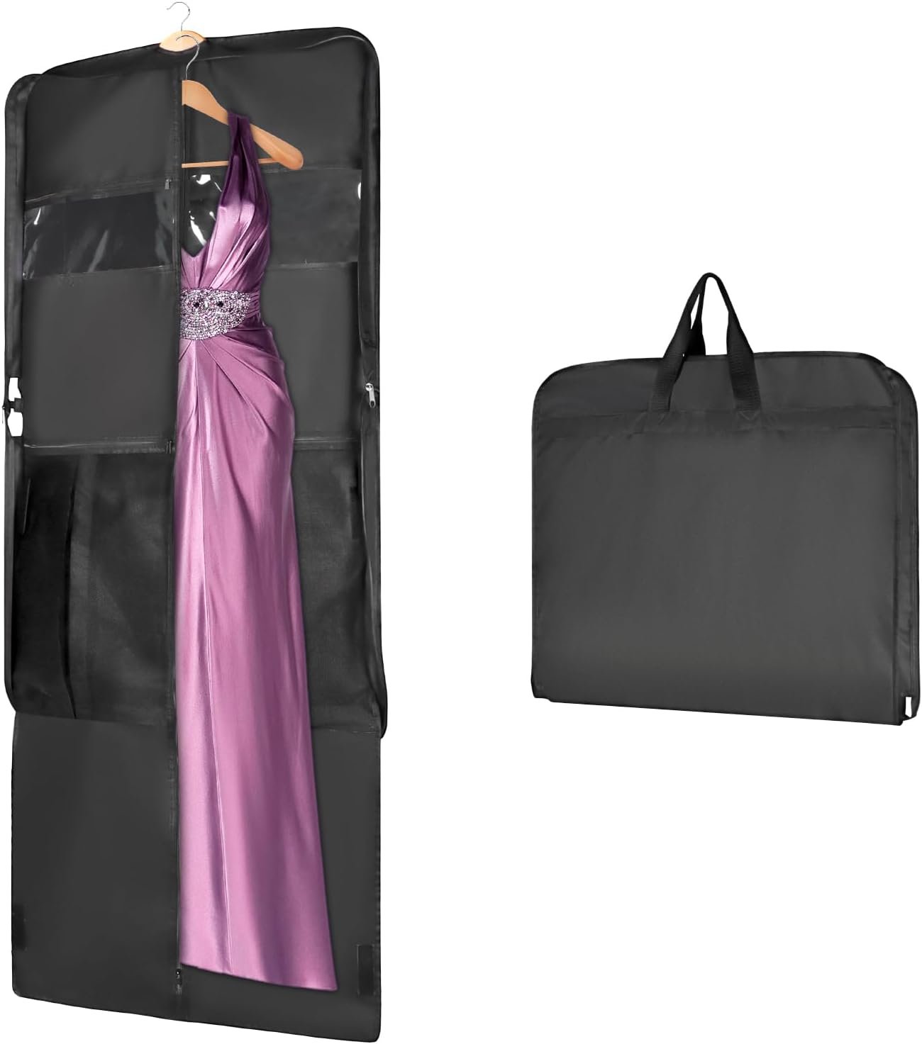 Univivi 60 ” Foldable Extra Long Dress Garment Bag, Premium Breathable & Tear-resistant Hanging Dress Cover for Travel and Closet Storage with Mesh Shoe Pocket and 2 Carry Handles