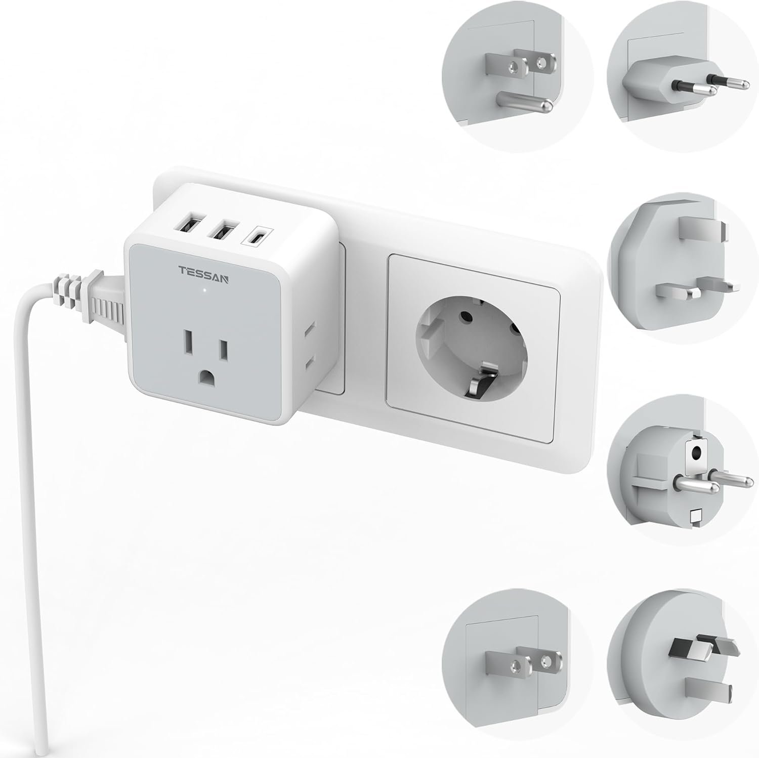 TESSAN All European UK Travel Plug Adapter Kit, 6-in-1 International Power Adapter with 3 USB (1 USB C) and 3 AC Outlets, Supports Type C, G, E/F, I, A, B for US to Europe UK Italy Australia Japan