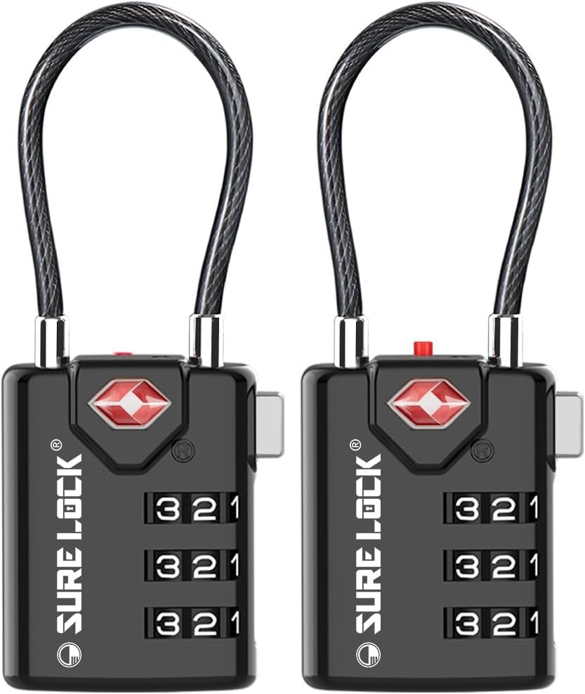SURE LOCK TSA Approved Luggage Locks with Open Alert Indicator, 3 Digit Combination Cable Travel Lock for Suitcase, Backpack, Gym Locker, Toolbox & Travel Bag, 2 Pack Black