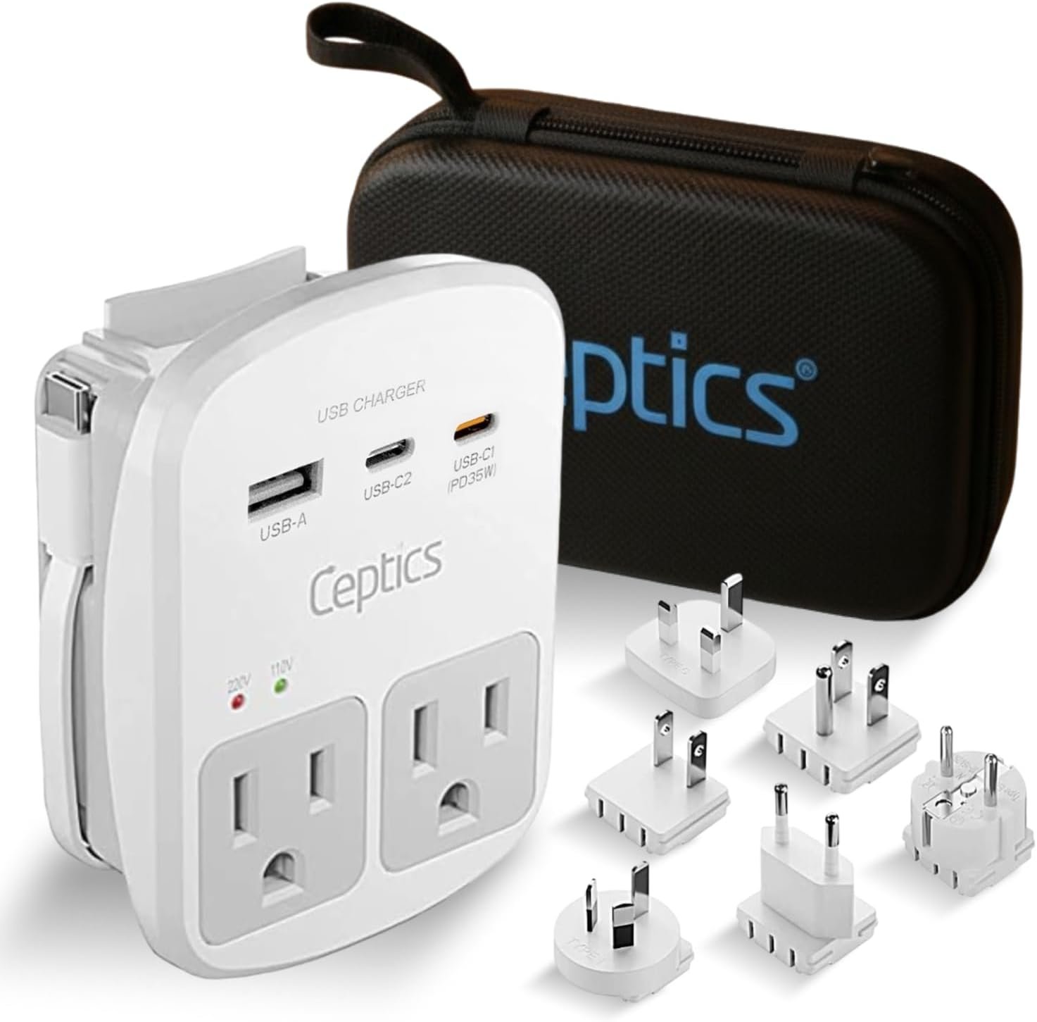 Ceptics 35W Universal Travel Adapter Kit – 2 USA sockets, USB-A, USBC, 1x PD 35W USB-C and USBC Cable, Surge Protected, Plugs for EU, UK, China, AU, Japan – for Laptop, Phone, Camera-ETL Tested