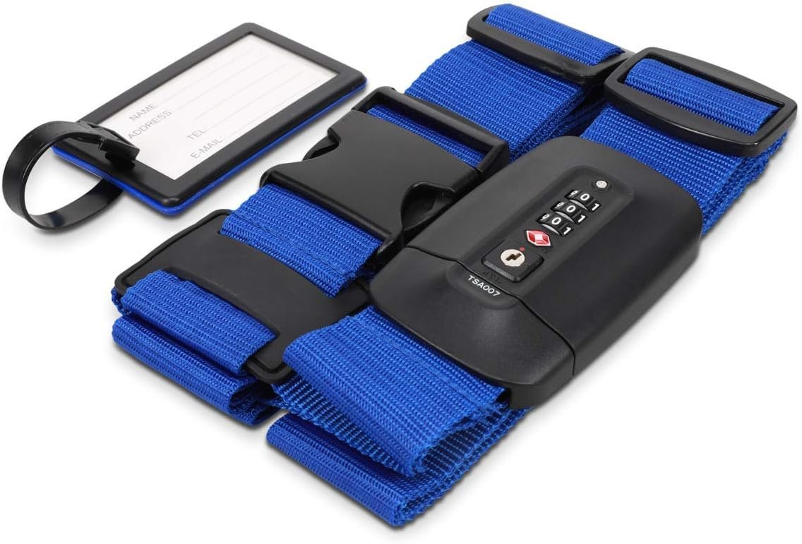 Navaris TSA Luggage Strap – Secure Adjustable Strap for Suitcases with Combination Lock – Lockable Cross Case Travel Belt for Luggage with ID Tag
