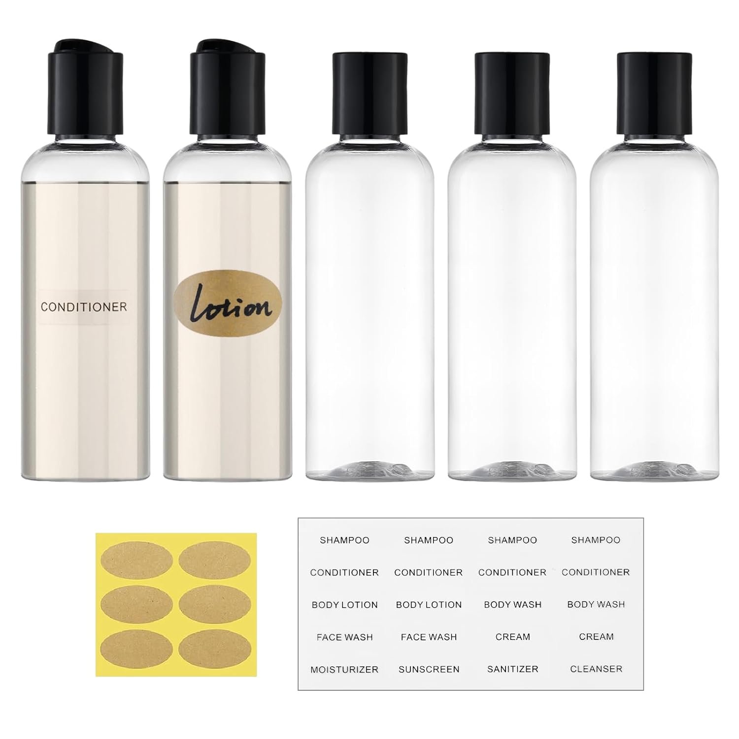 Travel Bottles for Toiletries 3.4 oz TSA Approved – 5 Pack Leak Proof Travel Size Containers, Clear Squeezable Plastic Bottles with Labels for Shampoo Lotion, Flight Cruise Gym Essentials