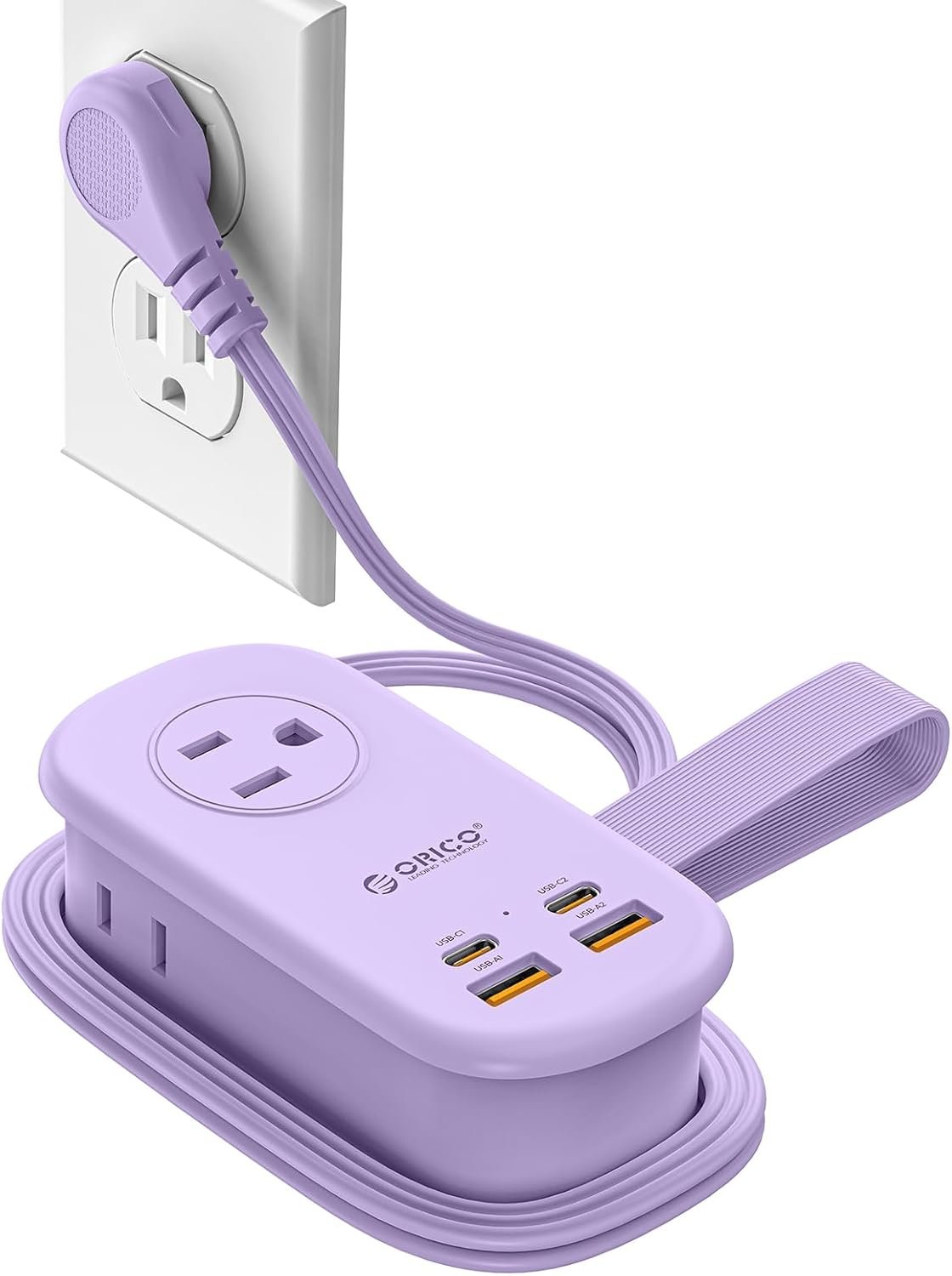 ORICO 65W GaN Travel Power Strip with 7-in-1 Charging Ports (3 AC Outlets/2 USB-A/2 USB-C), Flat Plug and 4FT Extension Cord, Fast Charger for MacBook Pro/Air, iPad Pro, iPhone 17/16/15- AP3