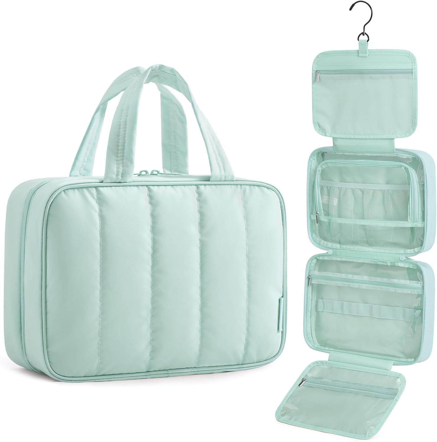 BAGSMART Travel Toiletry Bag for women, Portable Hanging Hook Makeup Bag Organizer, Waterproof Makeup Cosmetic Bag, for Full-Size Accessories, Toiletries,Baby Blue